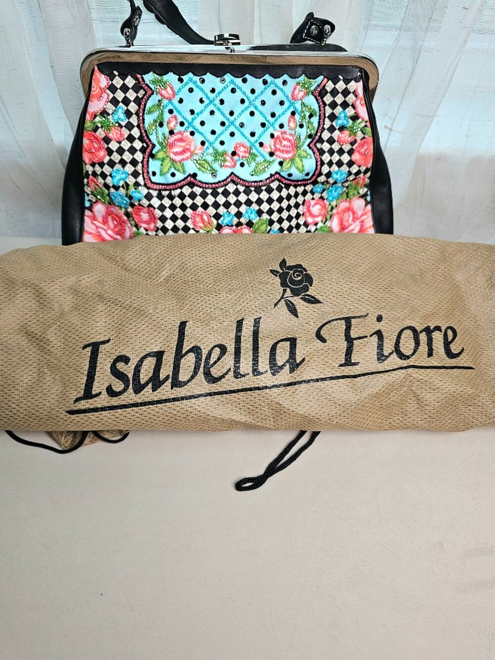 Isabella Fiore Beaded Frame Handbag Floral Patchwork Black Multi Vintage - Picture 3 of 13